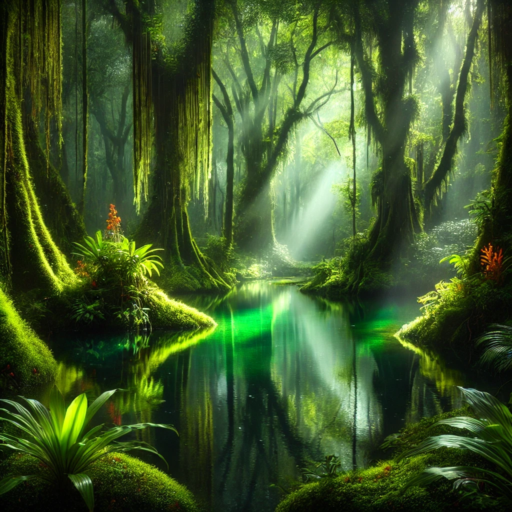 Green forest with water